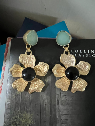 Onyx and Chalcedony Flower Design Earrings - SHIVKA