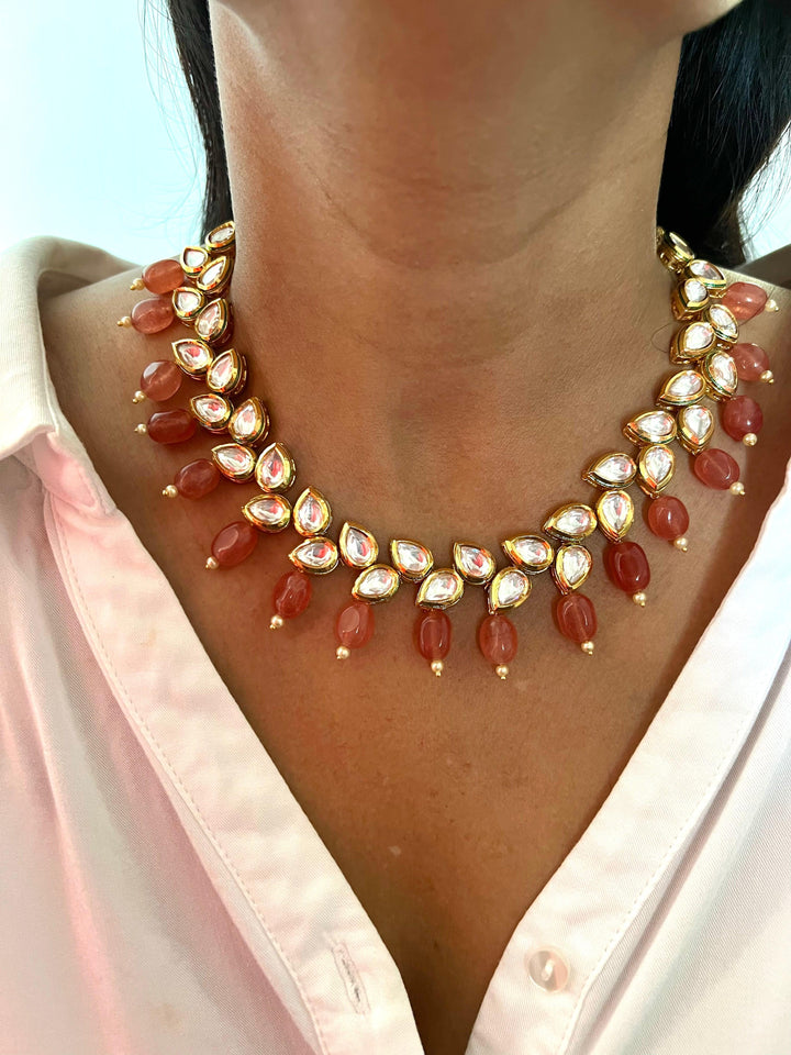 Peach Drops Kundan Necklace with Earrings - SHIVKA
