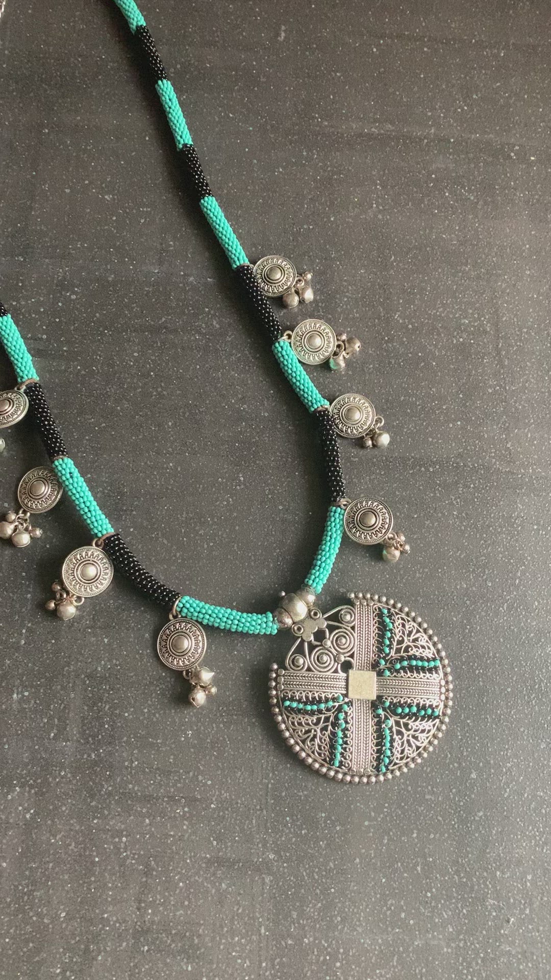 Turquoise and Black Tribal Pendant Long Necklace