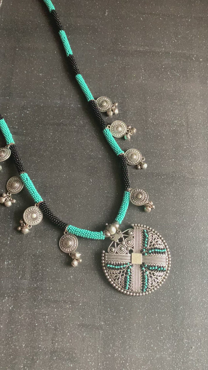 Turquoise and Black Tribal Pendant Long Necklace