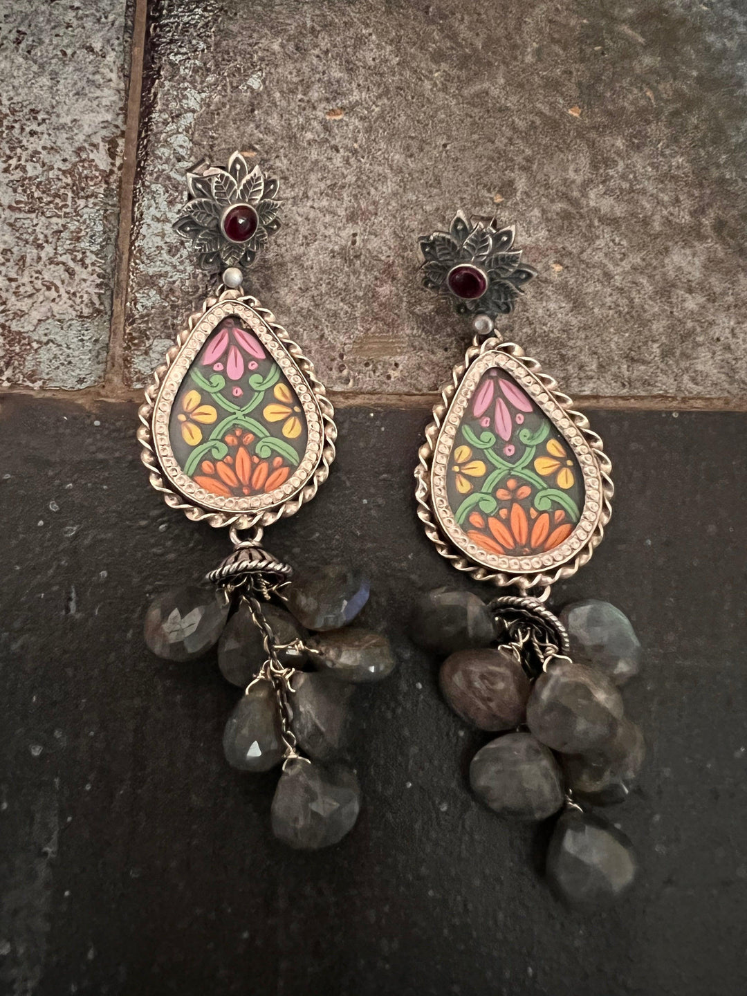 Statement Labradorite Cluster Pure 925 Silver Earrings - SHIVKA