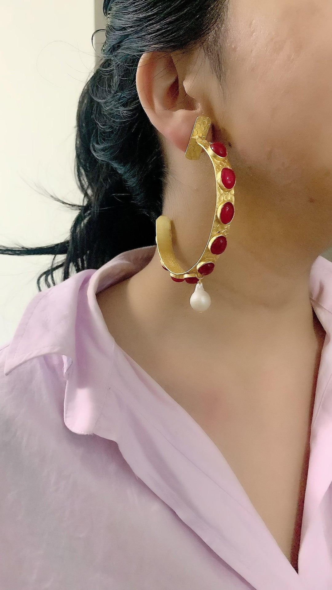 Natural Gemstones Pearl Drop Designer Hoops - SHIVKA