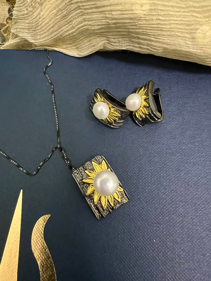 SHIVKA Pearl 925 Silver Pendant Necklace Set | Elegant Rhodium Finish