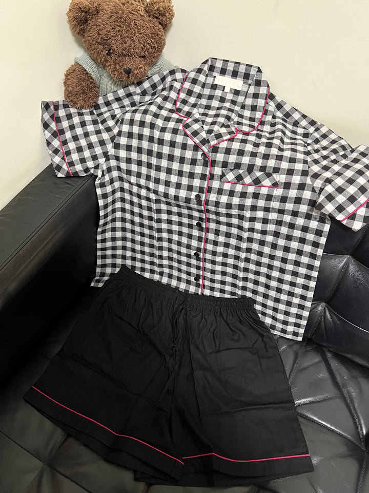 Checkered Black and White Cotton Night Suit - Set of Two