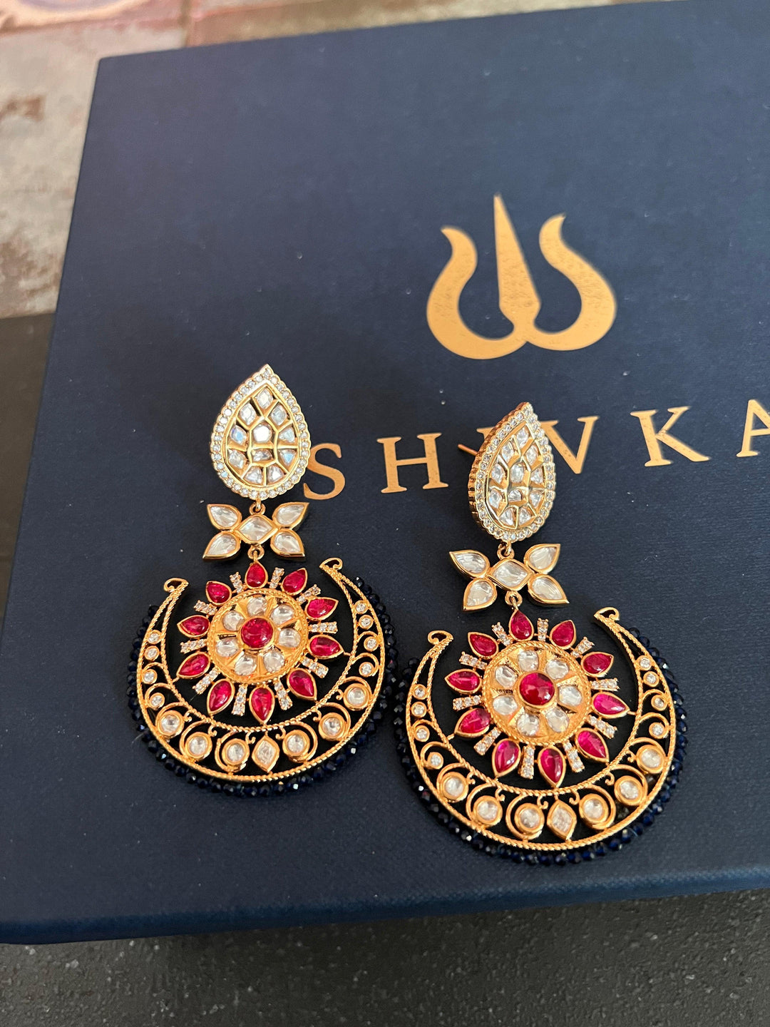 Pink Blue Kundan Chandbaalis - SHIVKA