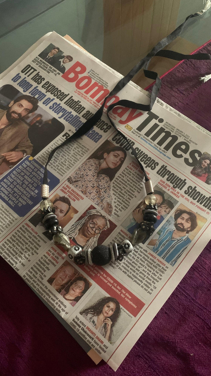 Statement Black and Silver Necklace with Antique Studs - SHIVKA