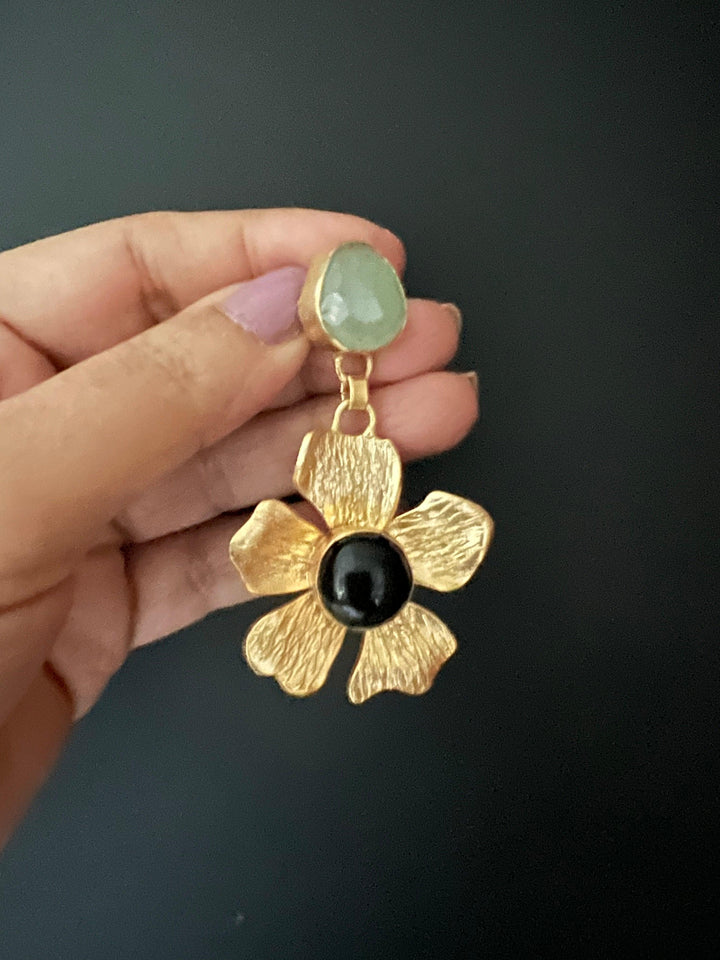 Onyx and Chalcedony Flower Design Earrings - SHIVKA