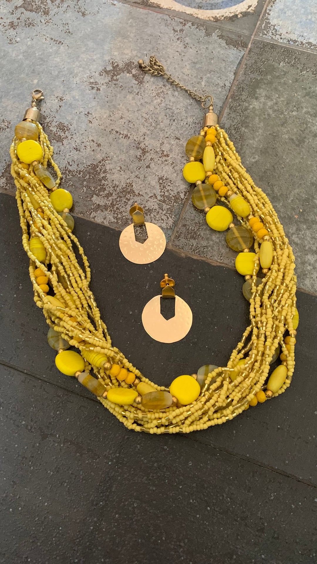 Beautiful Yellow Beaded Necklace with Hammered Disc Studs