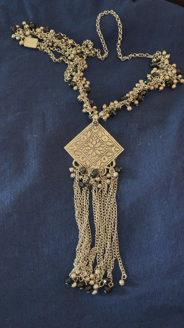Long Silver Necklace with Tassels