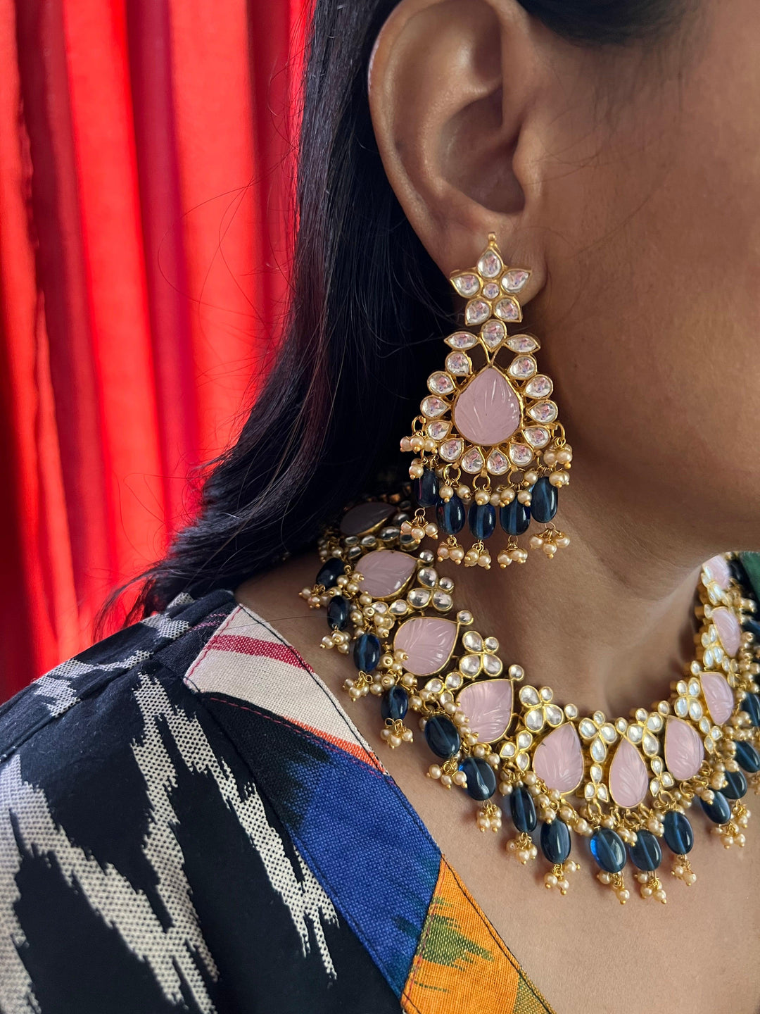 Pink Carved Stone Kundan Necklace with Earrings - SHIVKA