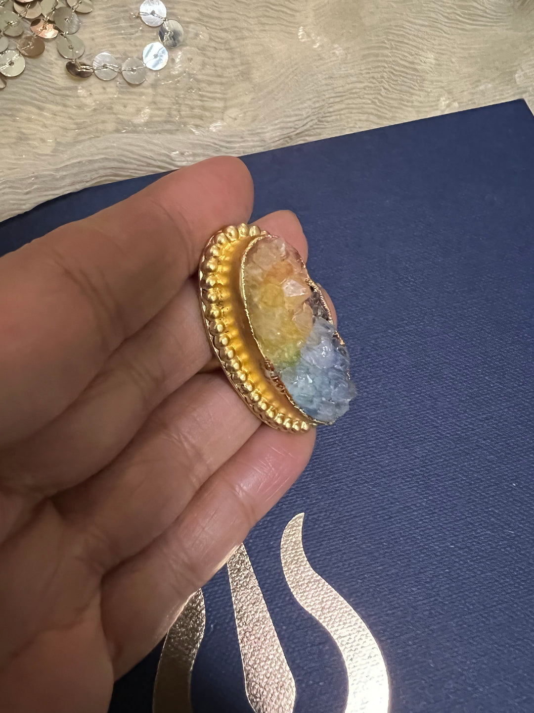 Natural Rainbow Druzy Stone Adjustable Gold-Plated Ring | Statement Ring by SHIVKA