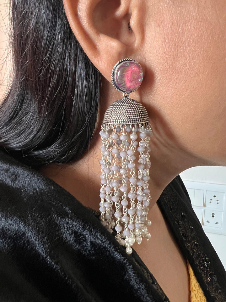 Rainbow Pink Stone Stud with Multiple Beads Tassels - SHIVKA