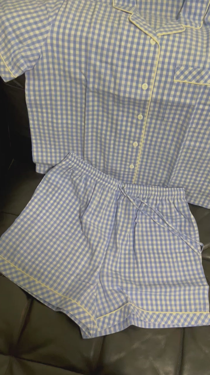 Checkered Blue and White Cotton Night Suit - Set of Two