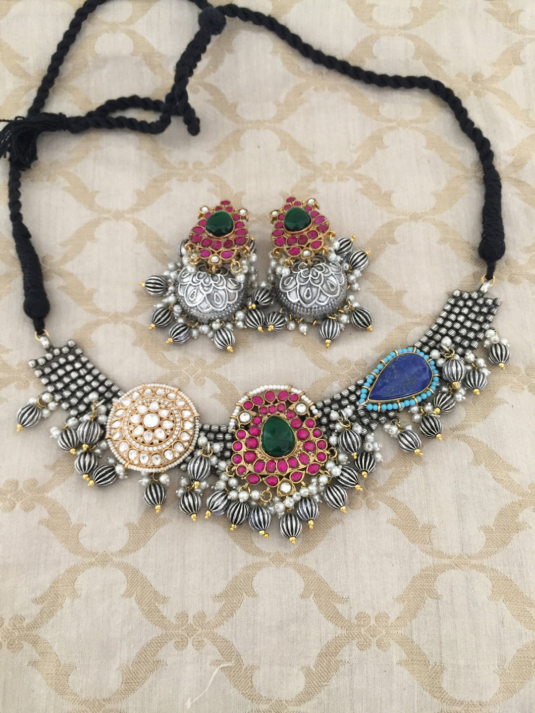 Designer Dual Tone Necklace with Kundan Earrings