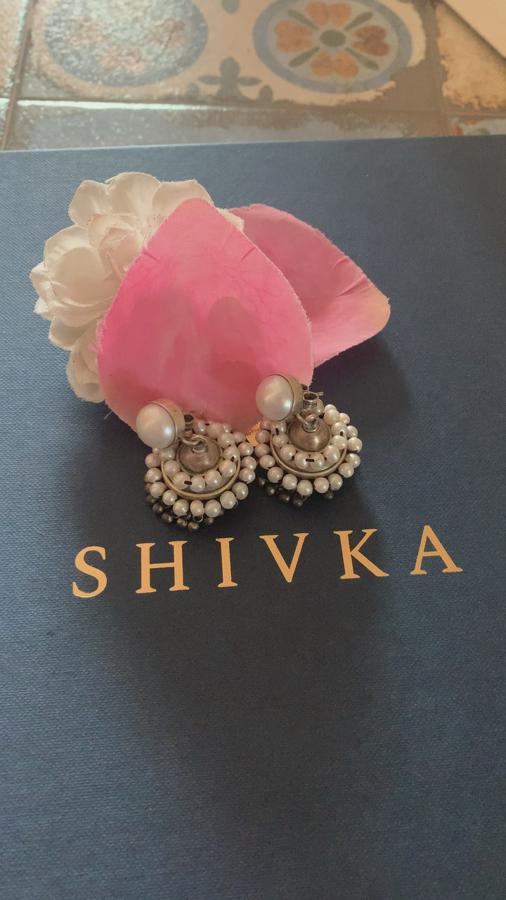 Vintage Pure 925 Silver Pearl Jhumki Earrings