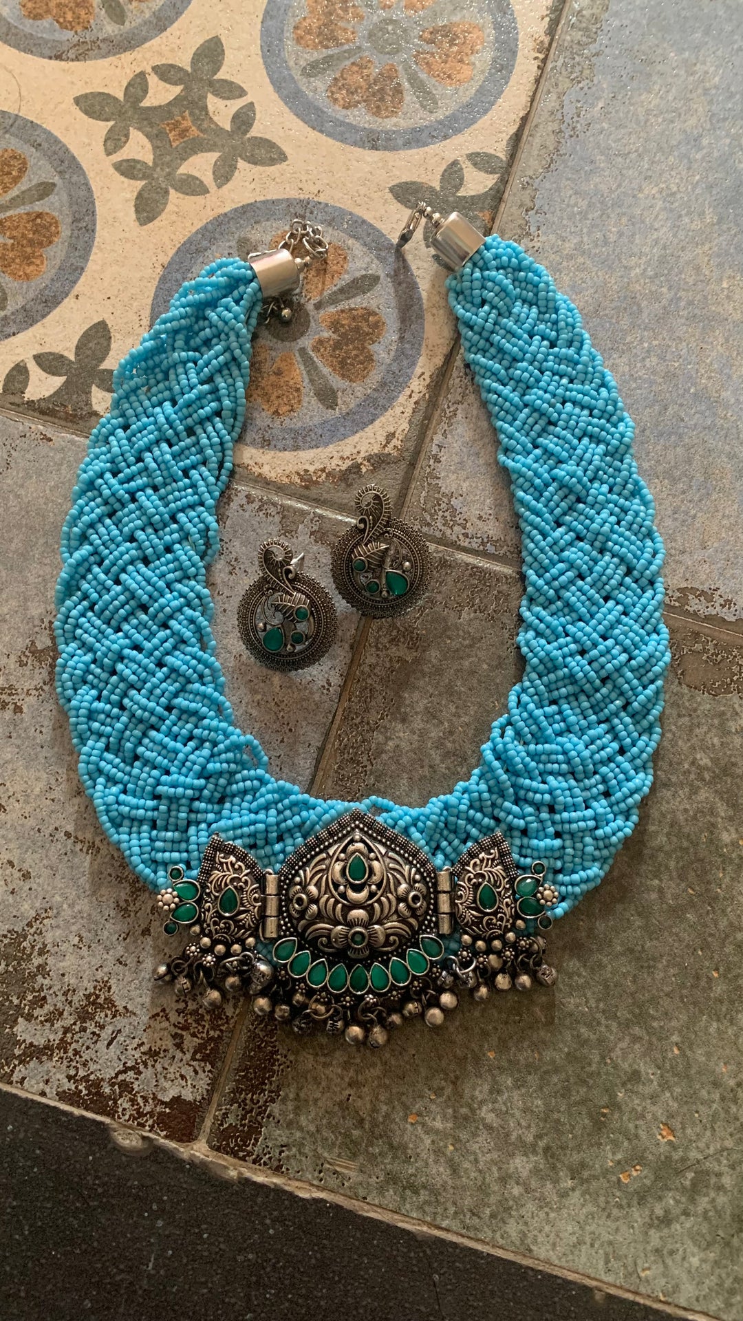 Designer Blue Beaded Antique Pendant Necklace with Earrings