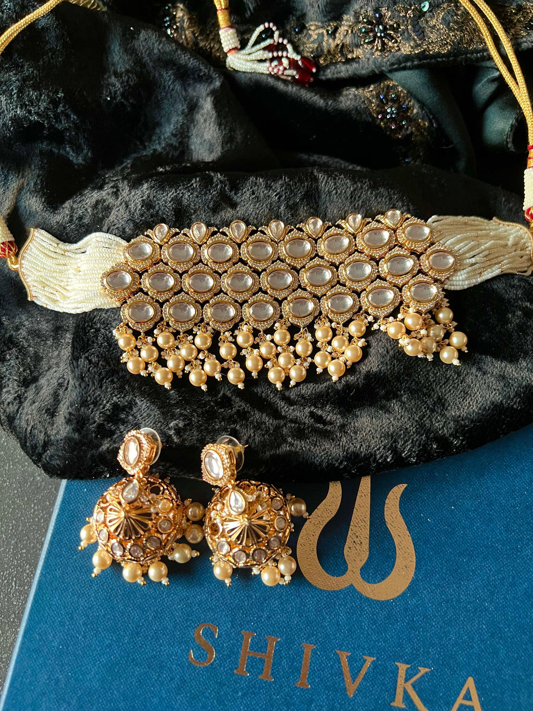 Scintillating Pearls and Kundan Choker with Jhumka Earrings - SHIVKA