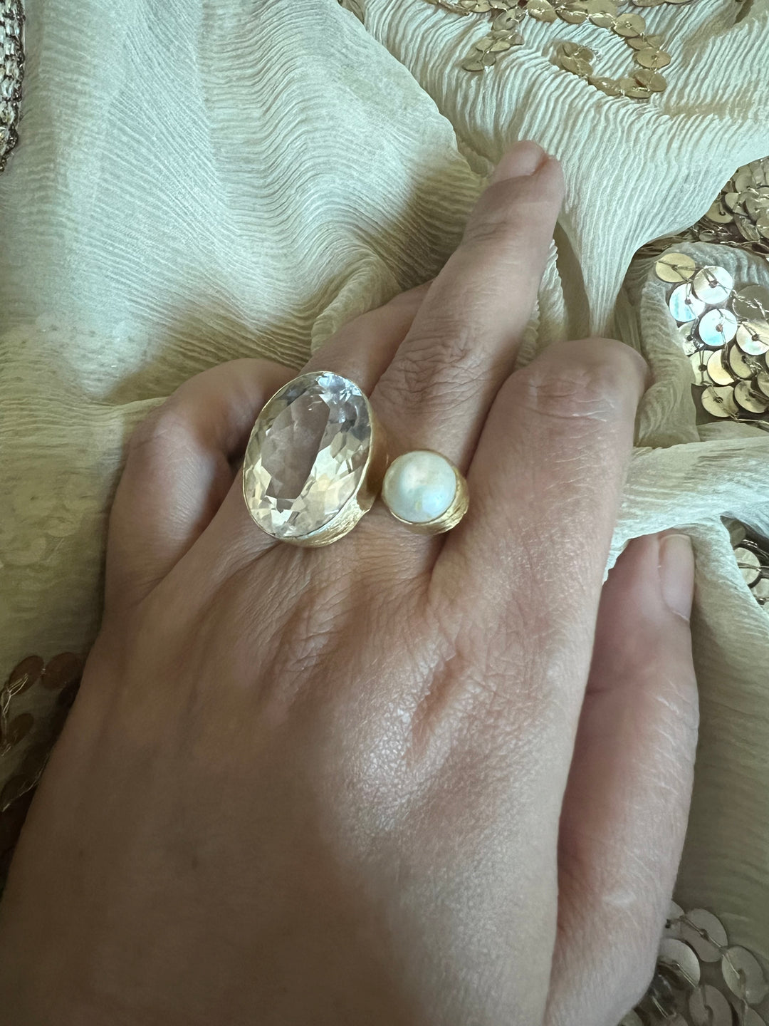 Quartz Crystal & Pearl Designer Ring | US Size 7 | Gold-Plated Statement Ring by SHIVKA