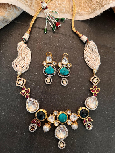 Scintillating Multicolored  Kundan Necklace with Statement Jhumka Earrings - SHIVKA