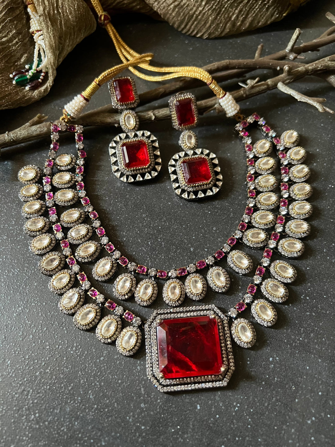 Statement CZ Polki Kundan Necklace with Earrings