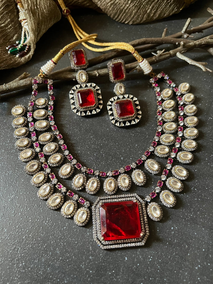 Statement CZ Polki Kundan Necklace with Earrings