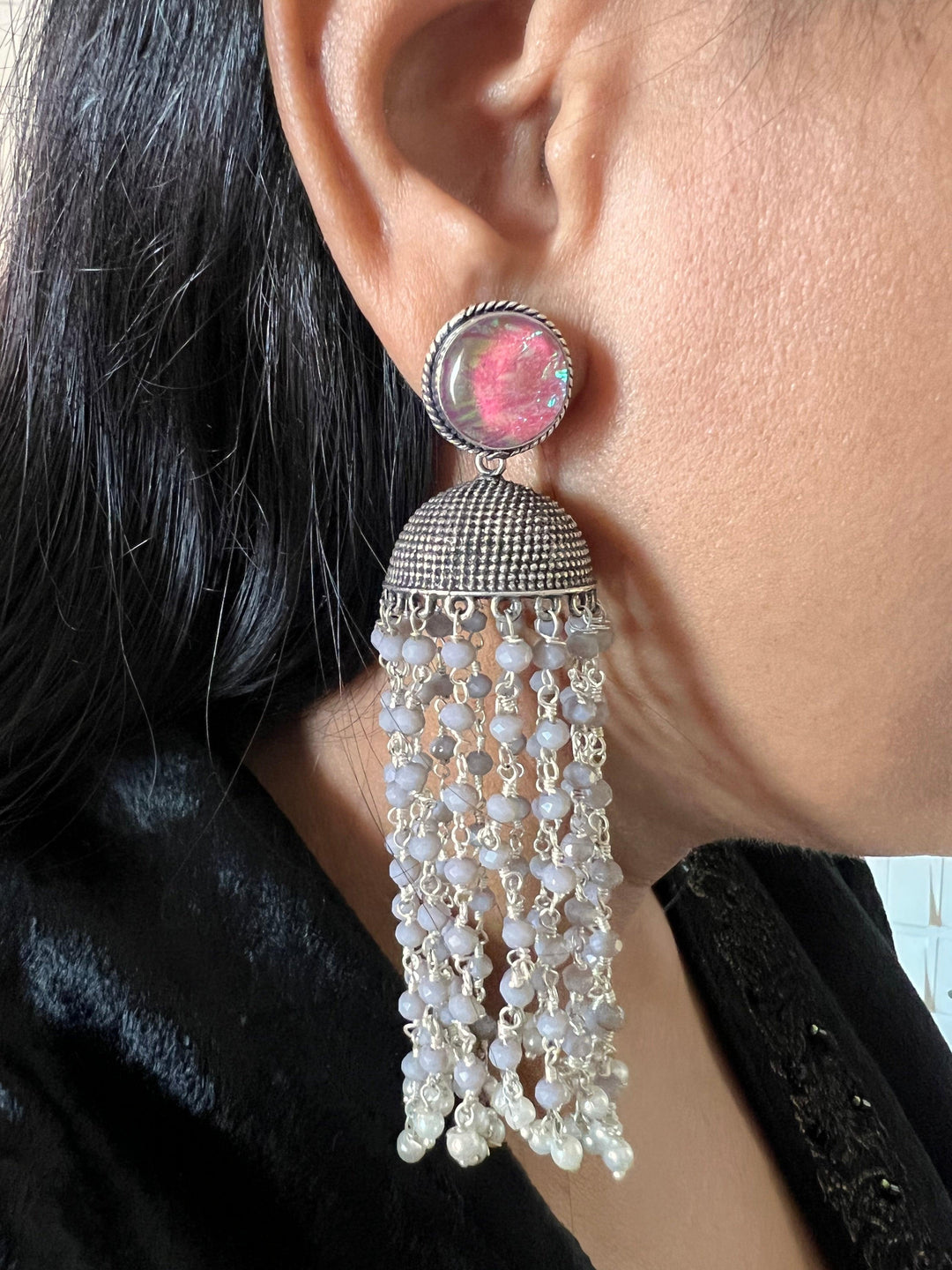 Rainbow Pink Stone Stud with Multiple Beads Tassels - SHIVKA