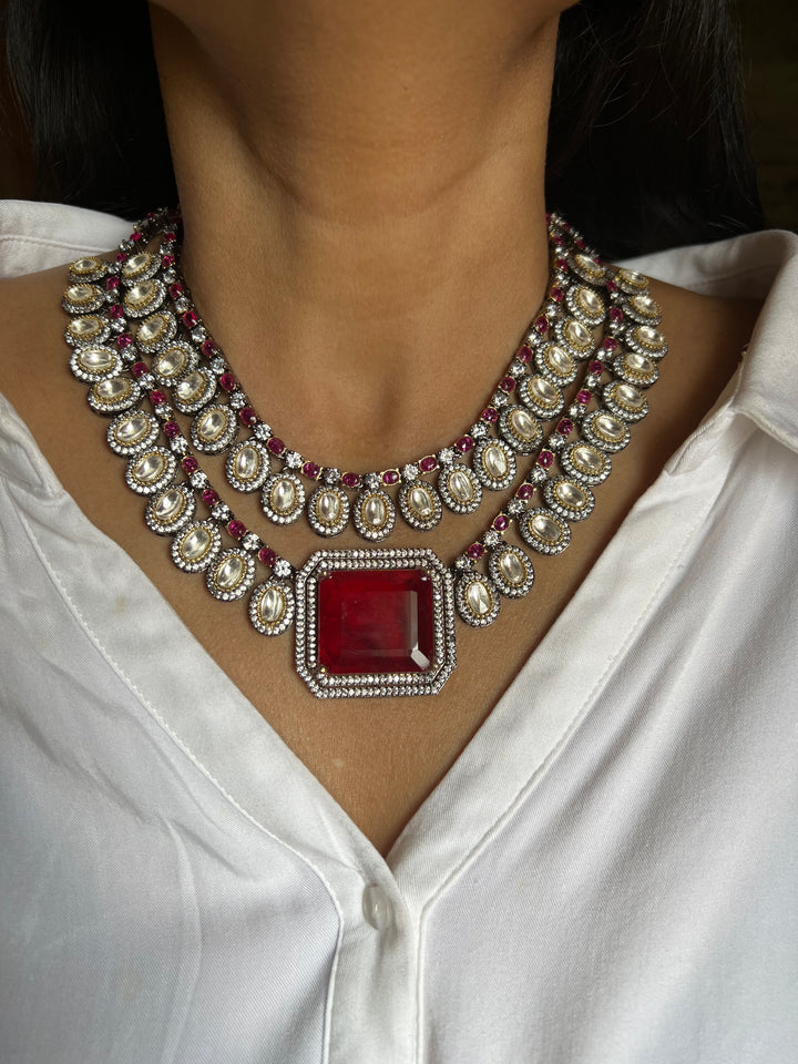 Statement CZ Polki Kundan Necklace with Earrings