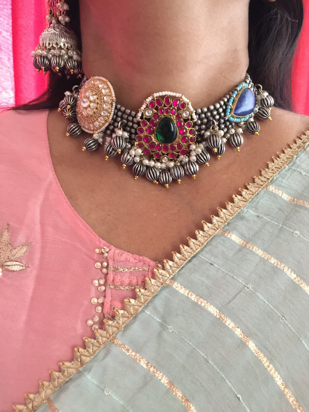 Designer Dual Tone Necklace with Kundan Earrings