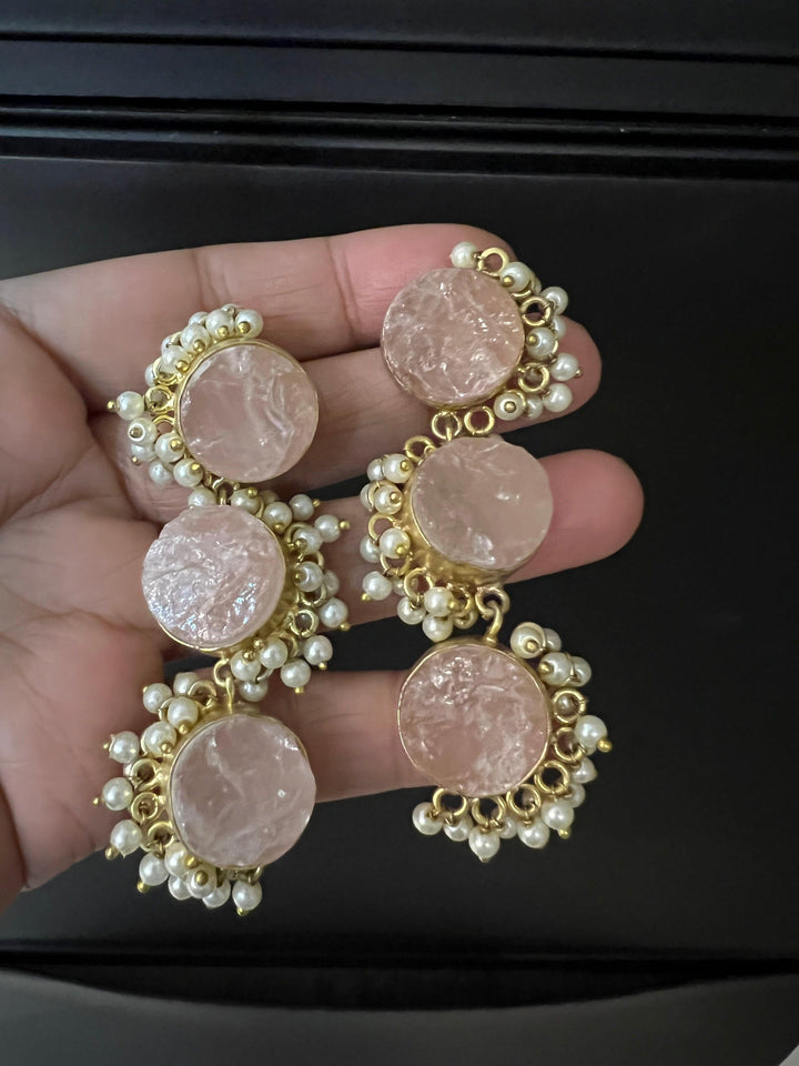 Rose Quartz Three Tier Earrings - SHIVKA