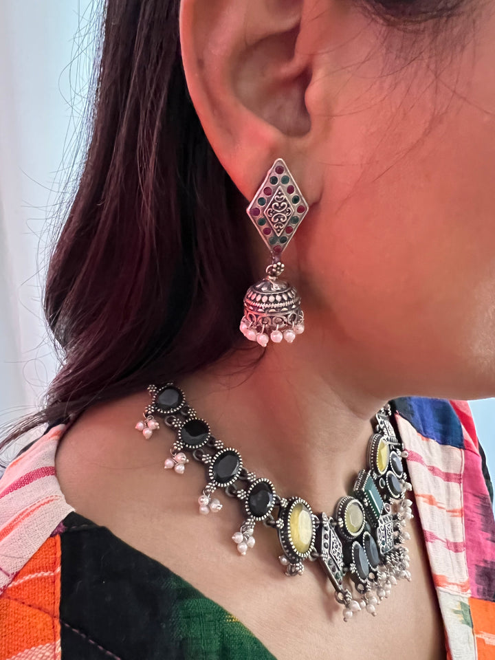 Beautiful Monalisa Stones Necklace with Jhumkis