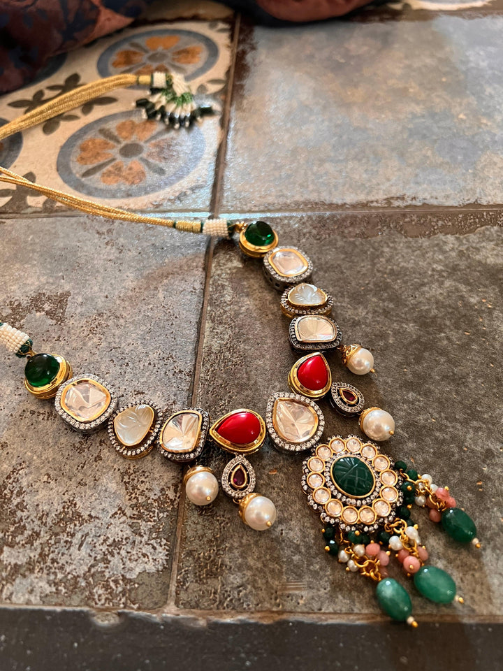 Scintillating Multicolored  Kundan Necklace with Statement Jhumka Earrings - SHIVKA