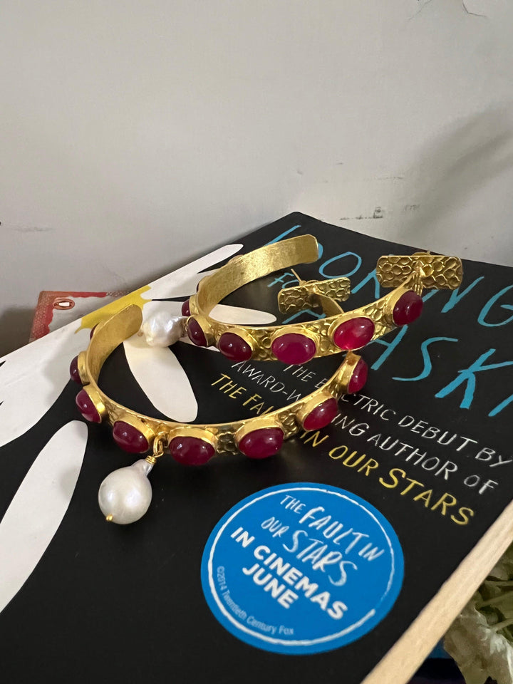 Natural Gemstones Pearl Drop Designer Hoops - SHIVKA