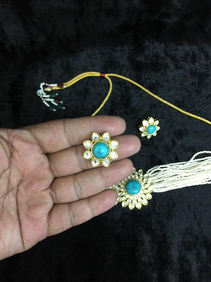 Turquoise Kundan and Pearl Choker with Earrings - SHIVKA
