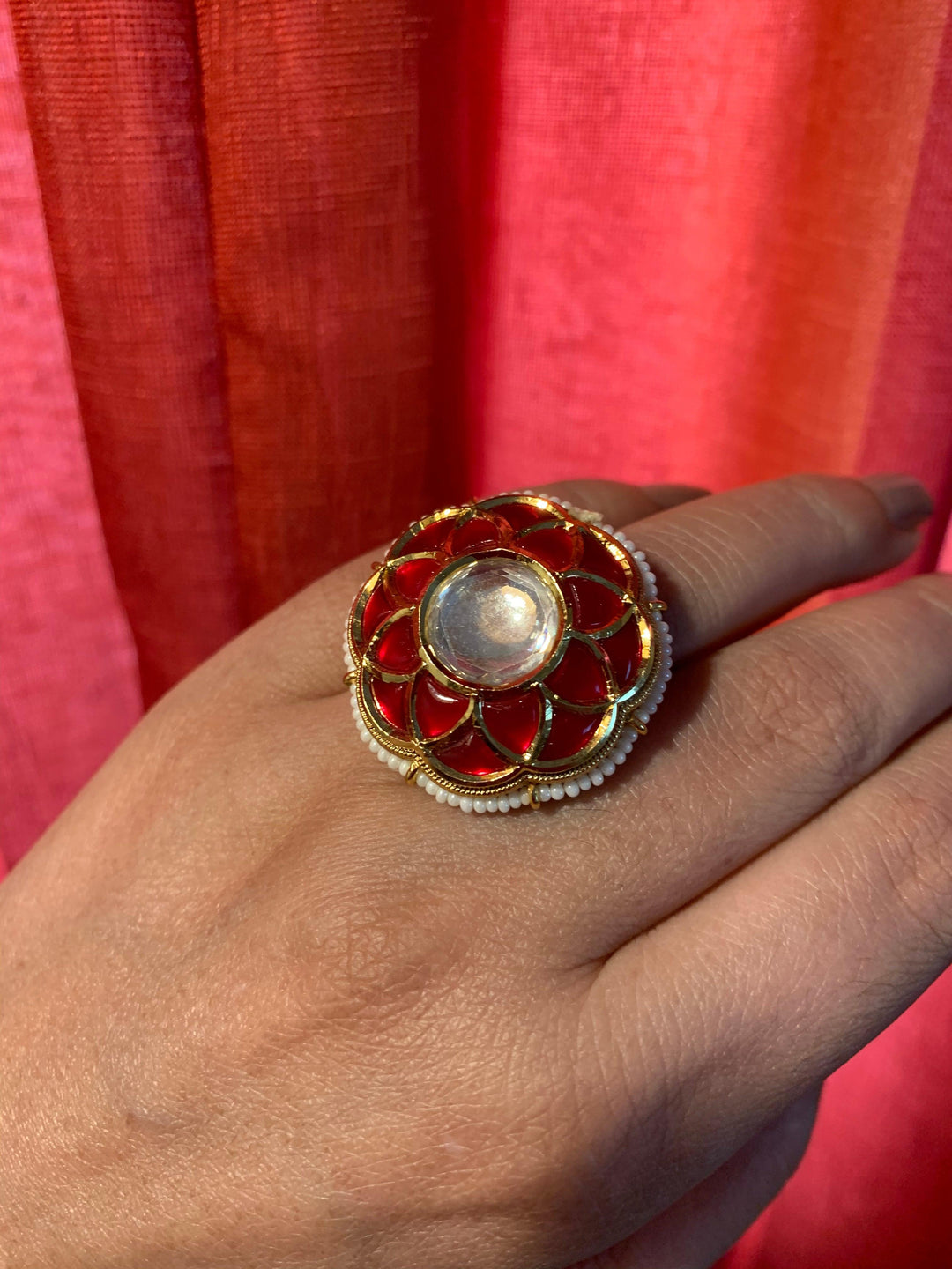 Red Kundan Revolving Ring - SHIVKA