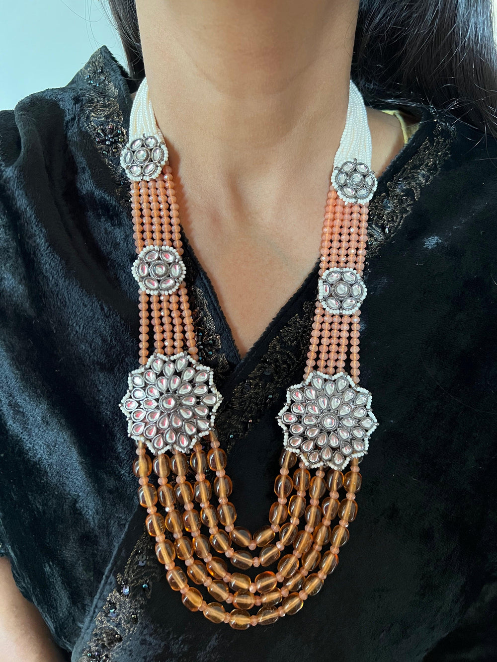 Multilayered Antique Kundan Necklace with Earrings - SHIVKA