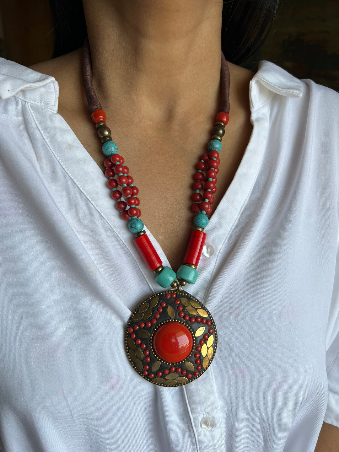 Coral And Turquoise Pendant Necklace