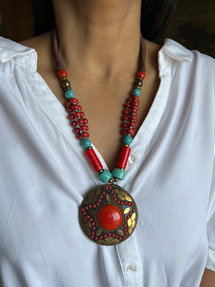 Coral And Turquoise Pendant Necklace