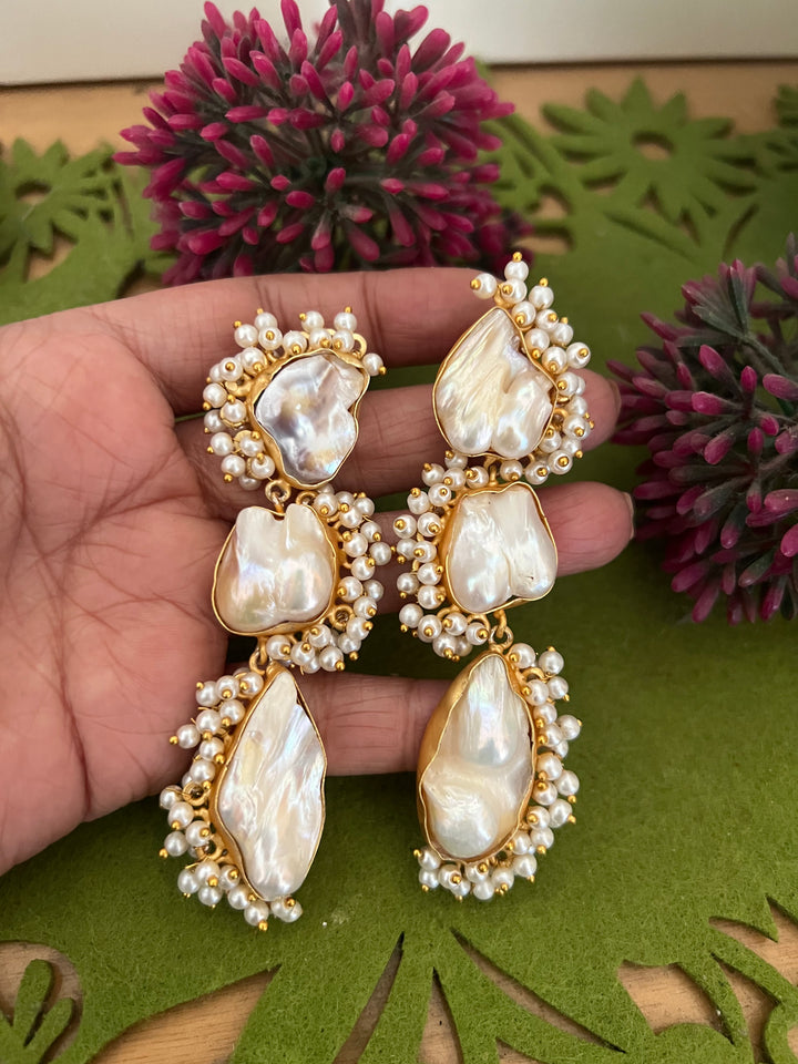 Three Tier Baroque Danglers/ Natural Gemstones Earrings/ Stylish Earrings