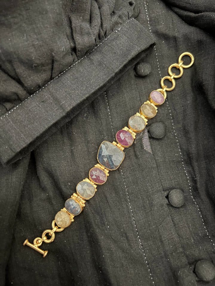Multicolor Sapphire Stone Designer Brass Bracelet | Gold-Plated Statement Jewelry by SHIVKA