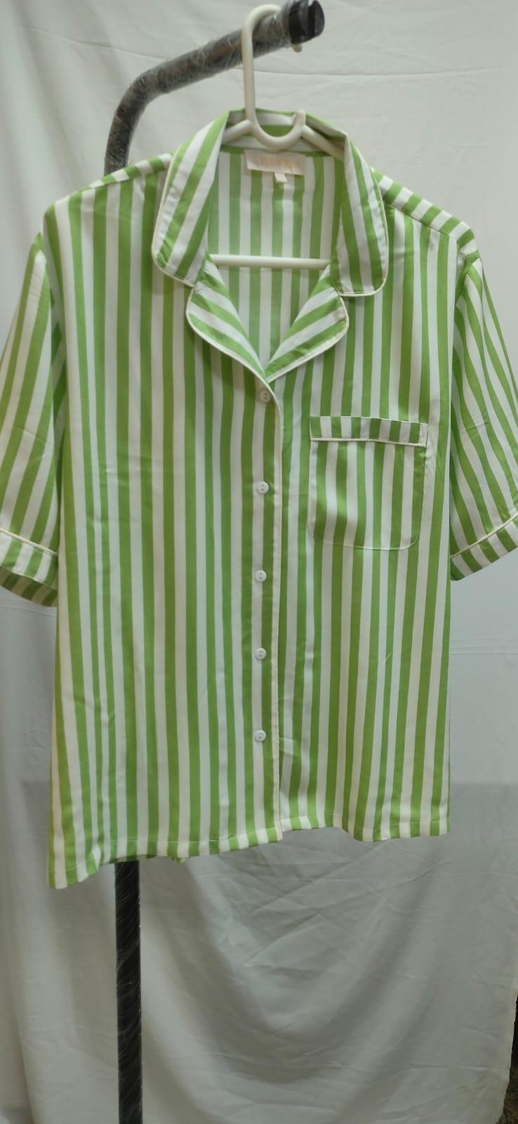 Striped Green Cotton Night Suit - Set of Two - SHIVKA