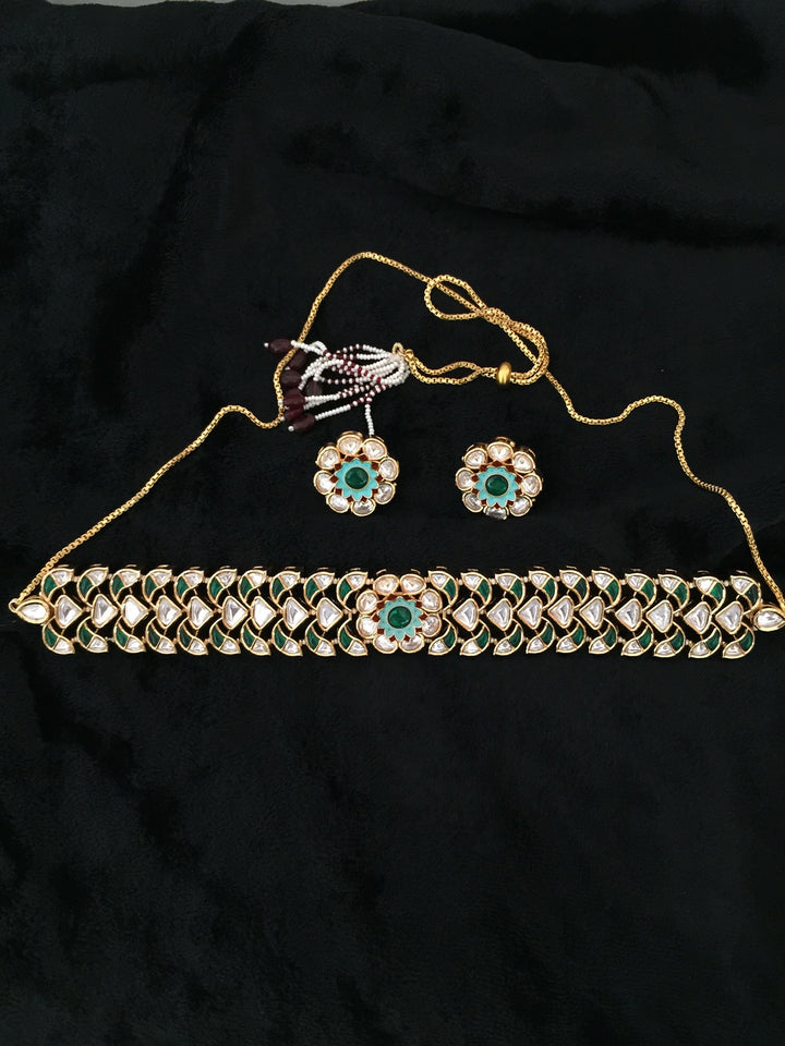 Gorgeous Green Polki Kundan Choker with Studs