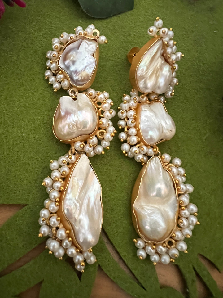 Three Tier Baroque Danglers/ Natural Gemstones Earrings/ Stylish Earrings