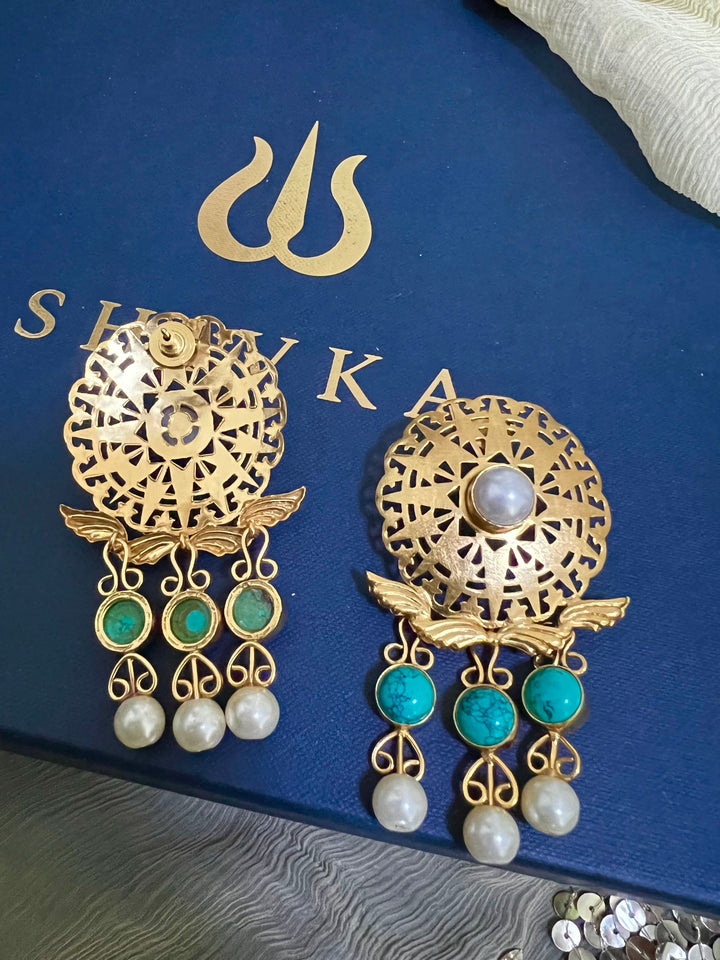 Gorgeous Pearls and Turquoise Cutwork Earrings