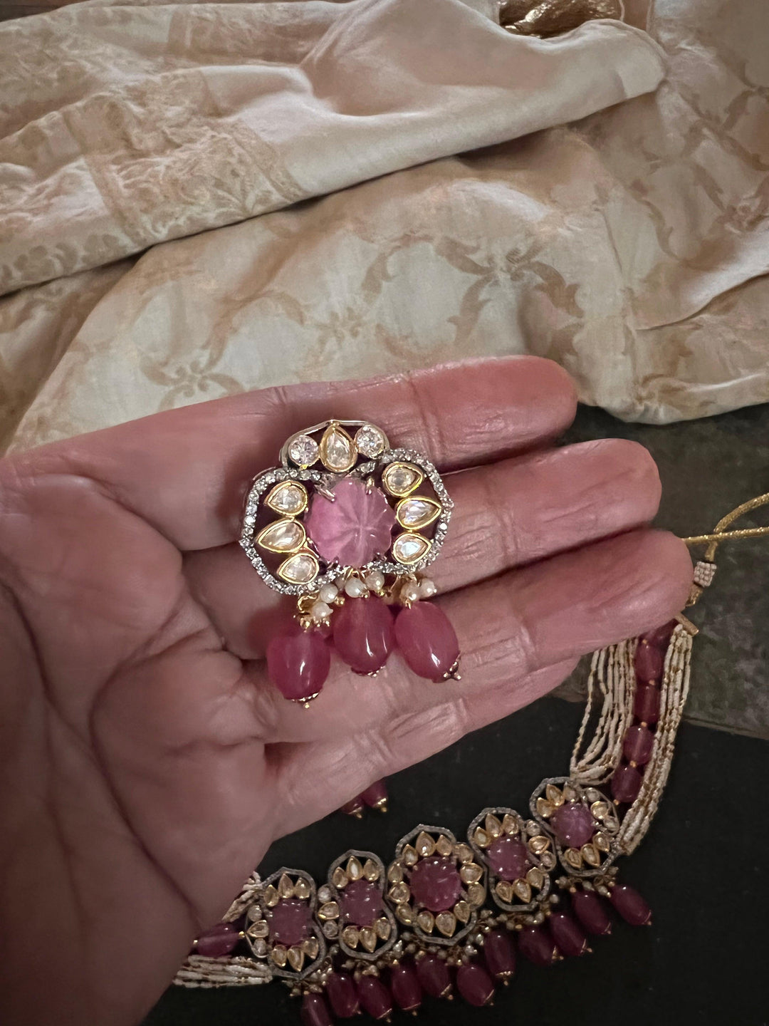 Pink Carved Stone Kundan Choker with Earrings - SHIVKA