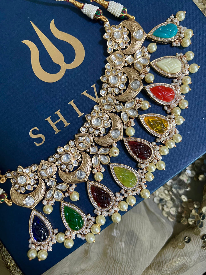 Multicoloured Bridal Kundan Choker Necklace with Earrings