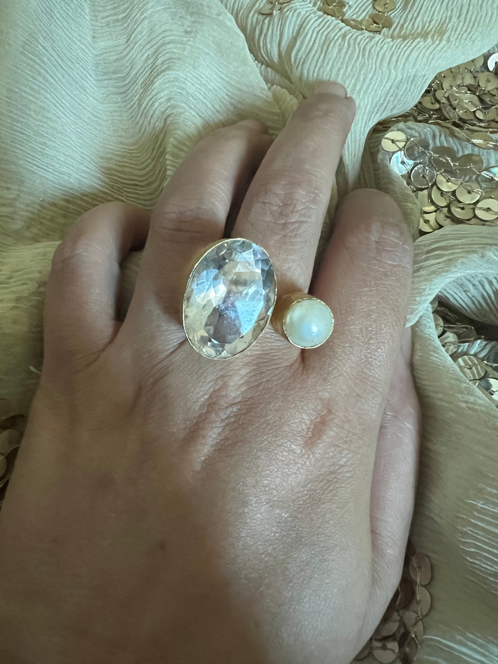 Quartz Crystal & Pearl Designer Ring | US Size 7 | Gold-Plated Statement Ring by SHIVKA