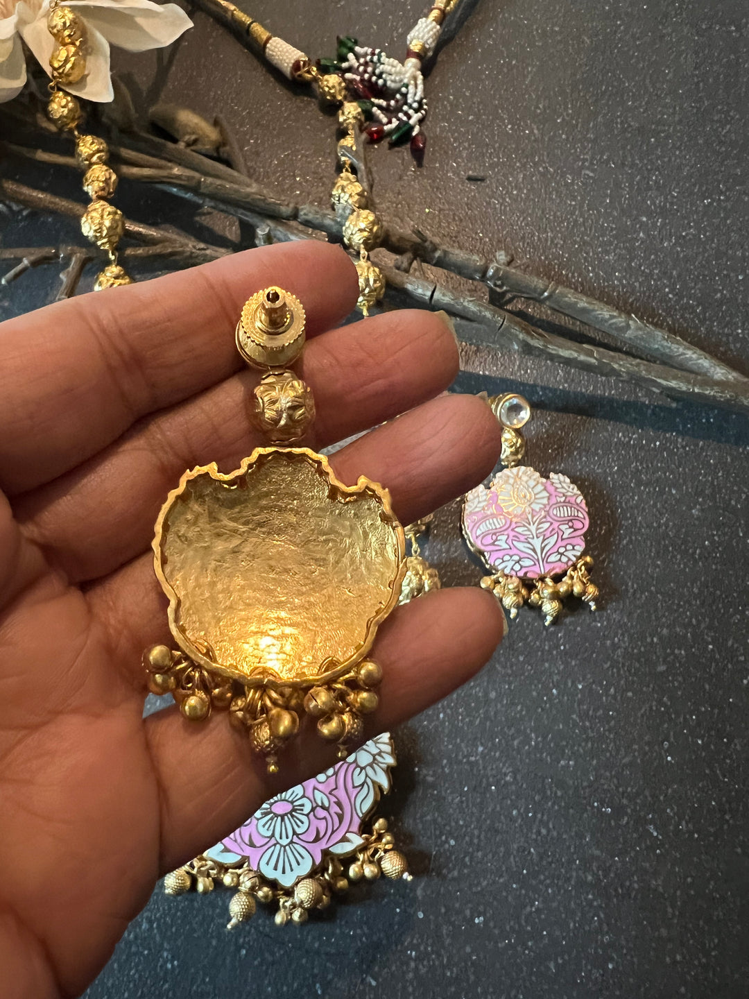 Pink & Gold Traditional Long Necklace with Earrings