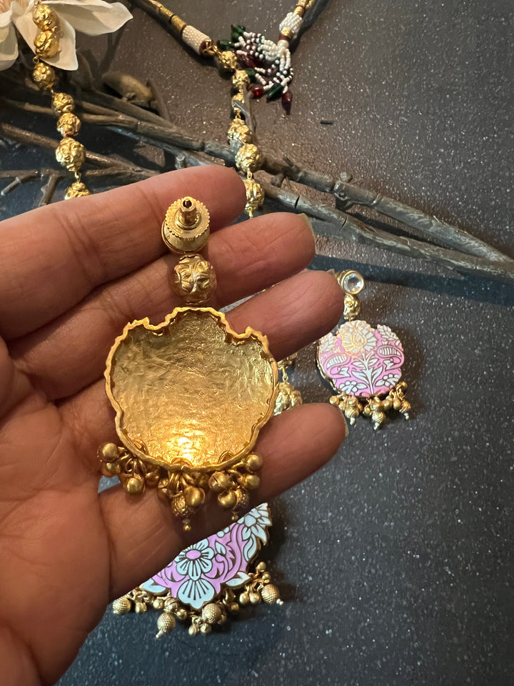 Pink & Gold Traditional Long Necklace with Earrings