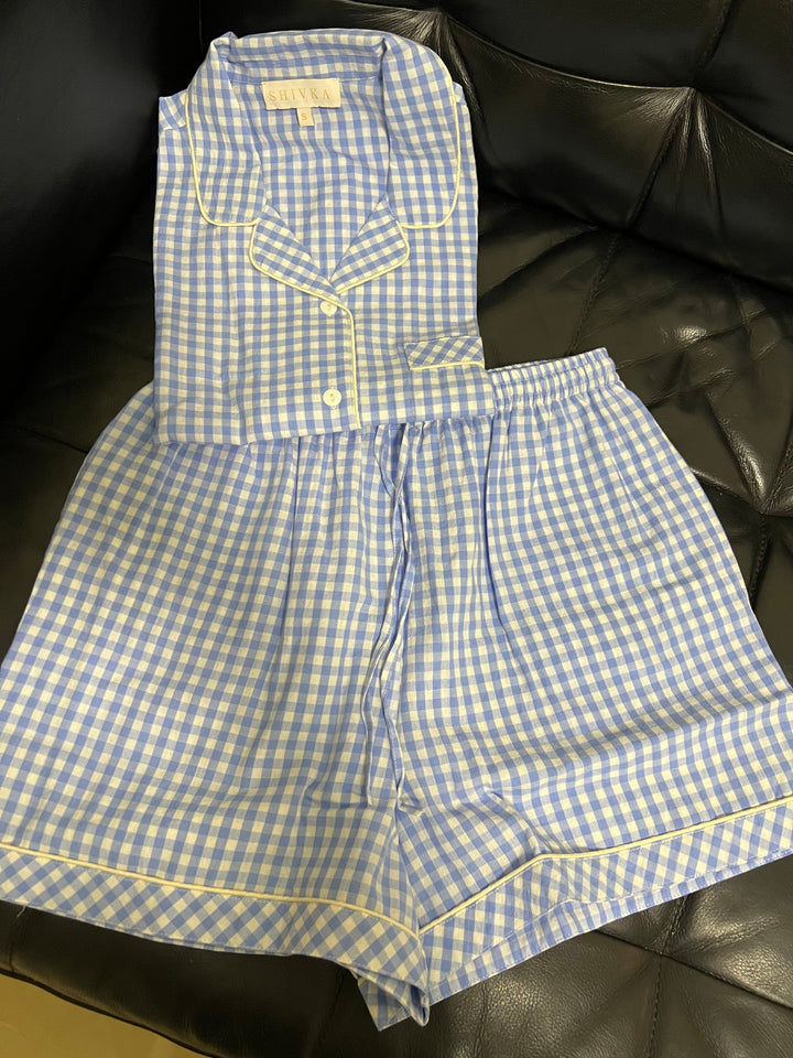 Checkered Blue and White Cotton Night Suit - Set of Two