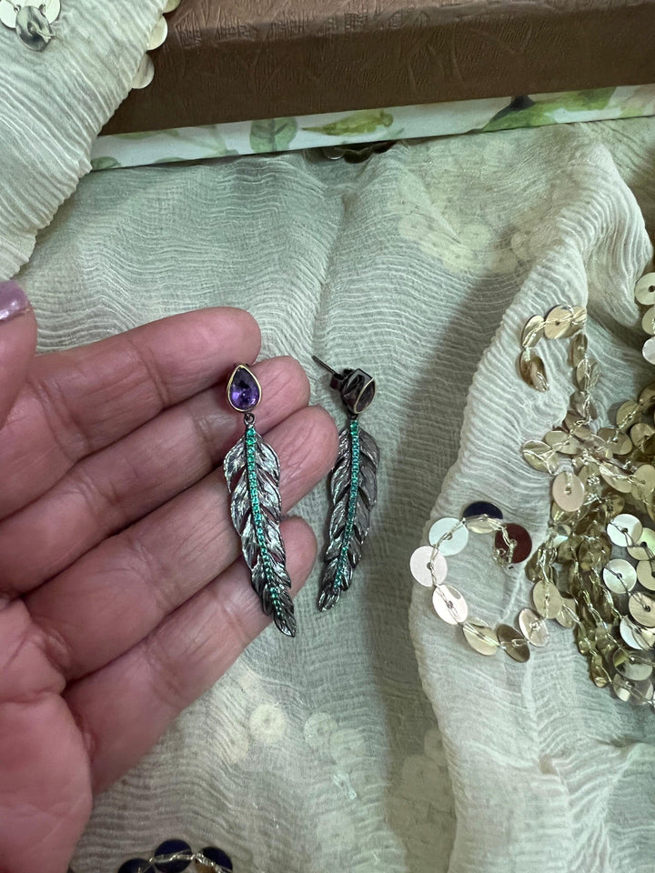 Minimalist 925 Silver Amethyst Leaf Earrings - SHIVKA